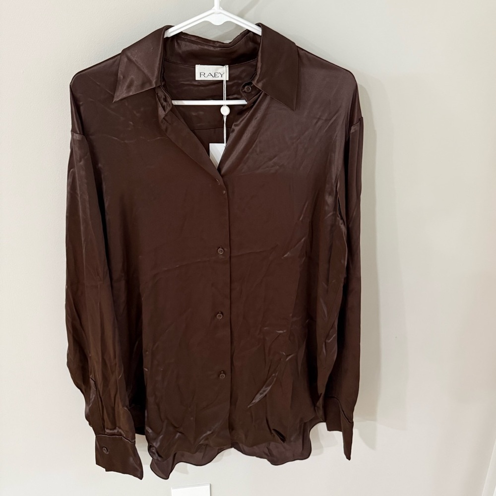 Raey Tulip Long Sleeve Satin Tunic Blouse - Chocolate Brown - UK Size 4